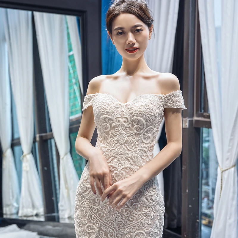 Свадебное платье с юбкой годе RSM66666 открытыми плечами и шнуровкой невесты для