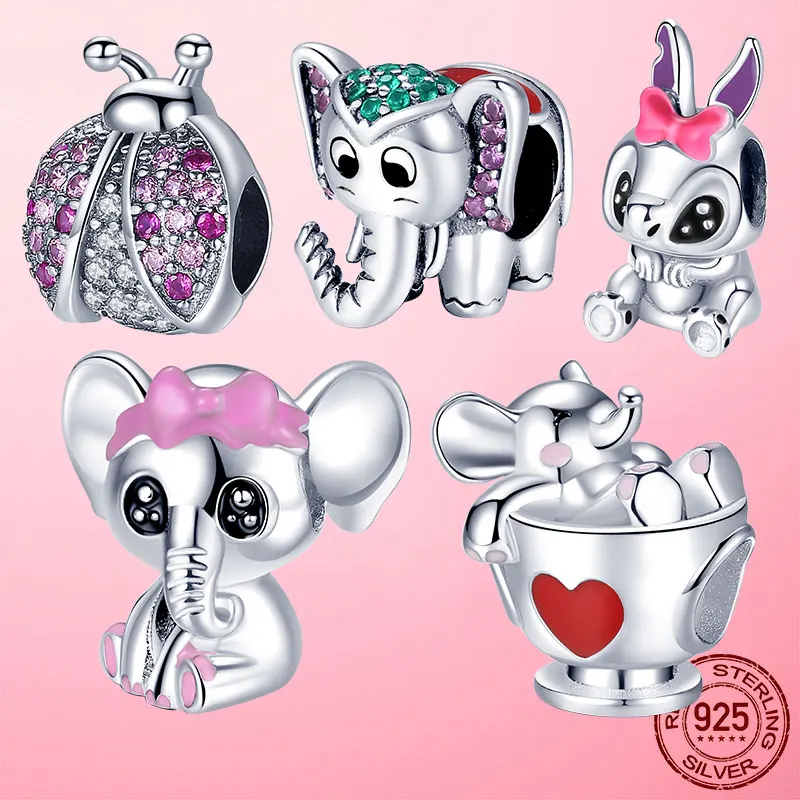Оригинальные Серебряные Бусины-подвески в виде божьей коровки и слона для