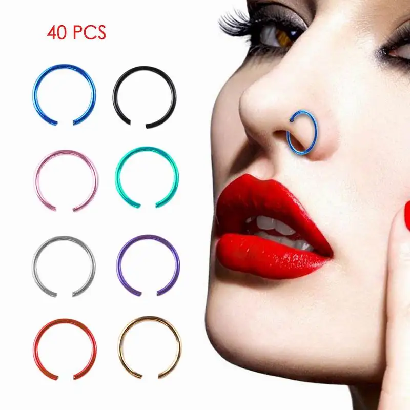 

New 40PCS/Lot 8x0.5mm Fashion Stainless Steel Nose Piercing Nose Ring Hoop Lip Hoop Earrings Punk Hip hop Body Piercing Jewelry