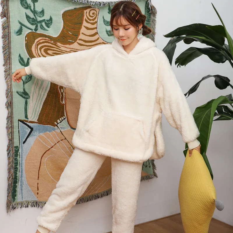 

2 Pcs Winter Women Pajamas Sets Sleepwear Long Sleeves Warm Pajama Soft Sleep Suits Cute Animal Pyjamas Female Homewear