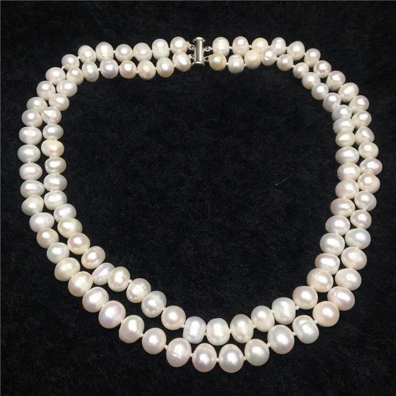 

Wholesale price 2 rows 8-9mm natural white freshwater cultured round beads pearl necklace party trendy jewelry 17-18inch BV340