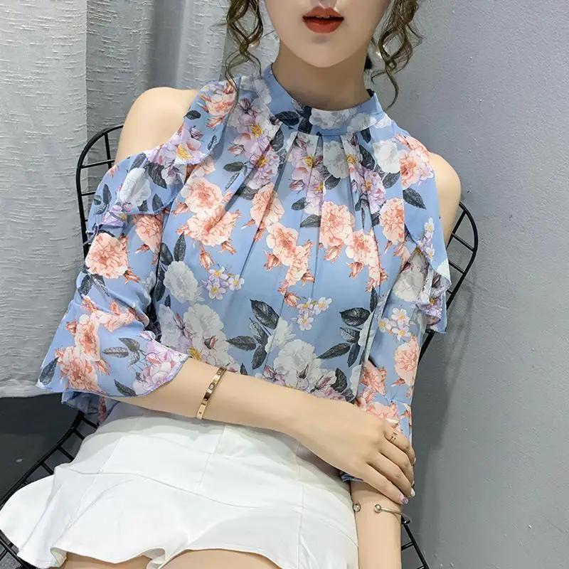 

Ruffled floral leaky shoulder top 2020 summer three-quarter sleeve off-shoulder shirt waist chiffon shirt women's trend