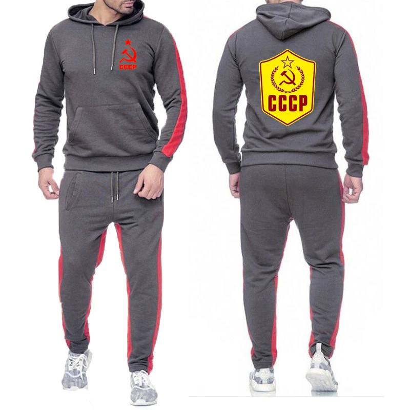 

NEW 2 Pieces CCCP Sets Tracksuit Men Hooded Print Sweatshirt+pants Pullover Hoodie Sportwear Suit Casual Men Clothes Siz