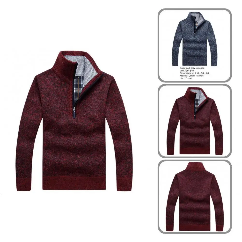 

Men Pullover Casual Thicken Half Zip Sweater Solid Color Windproof Knitted Pullover