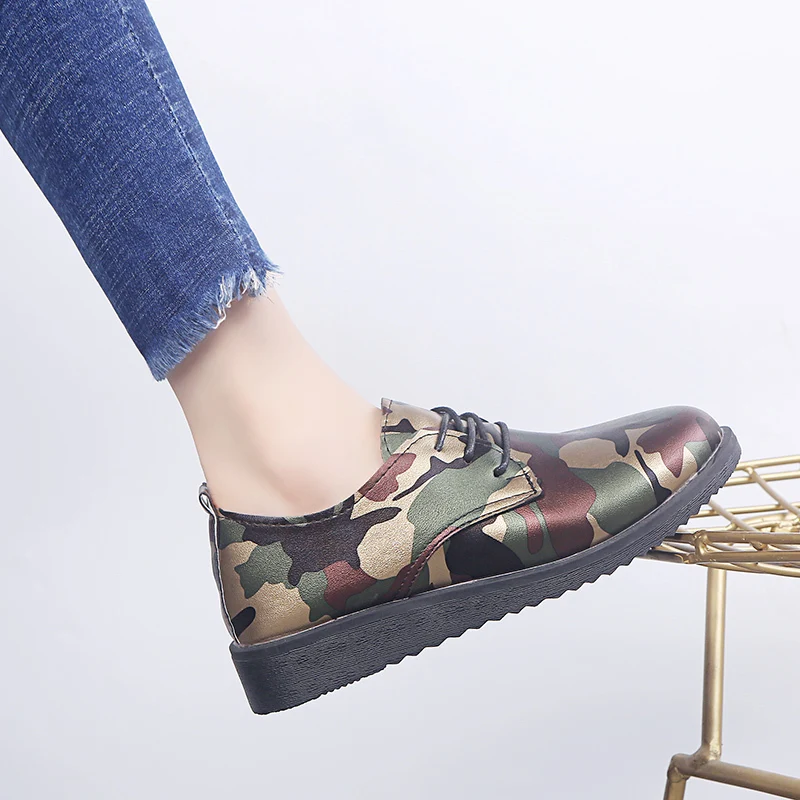

Camouflage Leather Casual Shoes for Women Flats Fashion Plus Size Oxfords Women Shoes Woman Platform Lace Up Ladies Shoes 34-44
