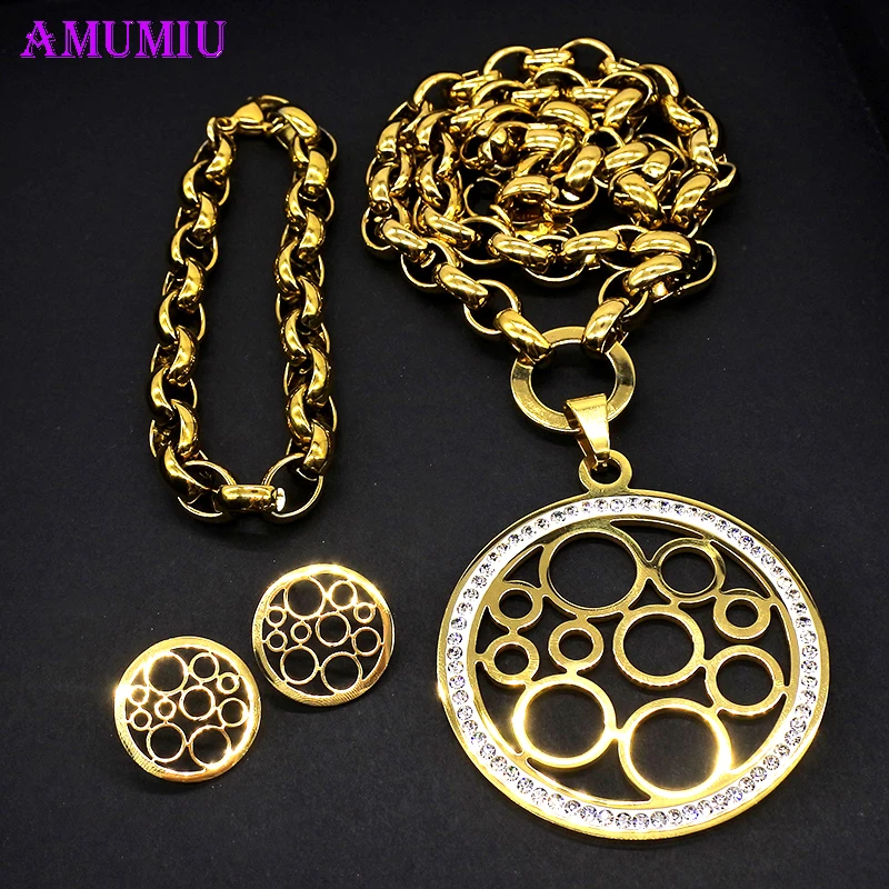 AMUMIU Колье Браслеты Серьги наборы кристаллов круглые полые из нержавеющей стали