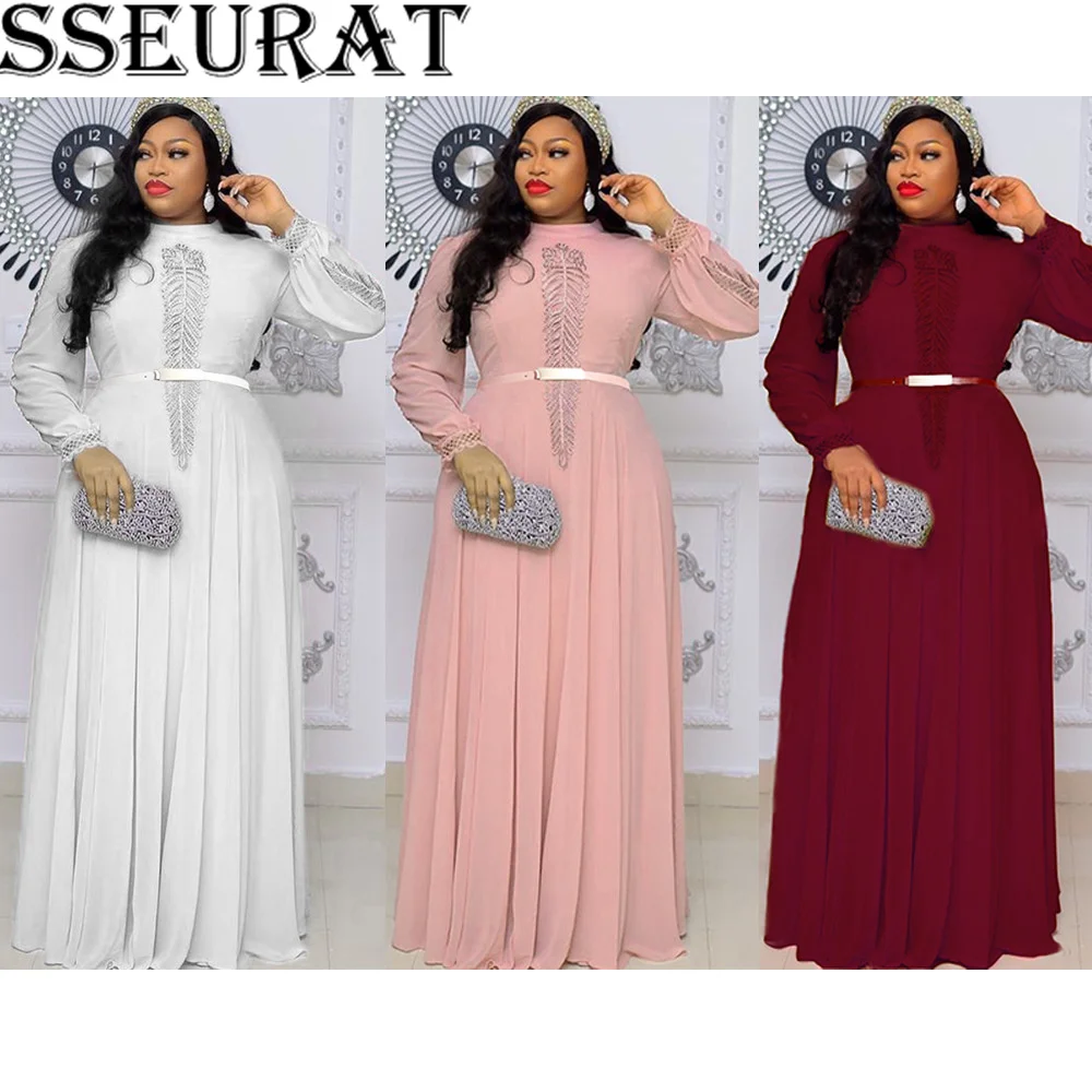 

SSEURAT Elegants Women Sexy O-neck Party Dresses Women Fashion Long Sleeve Chiffon A-line Evening Dress