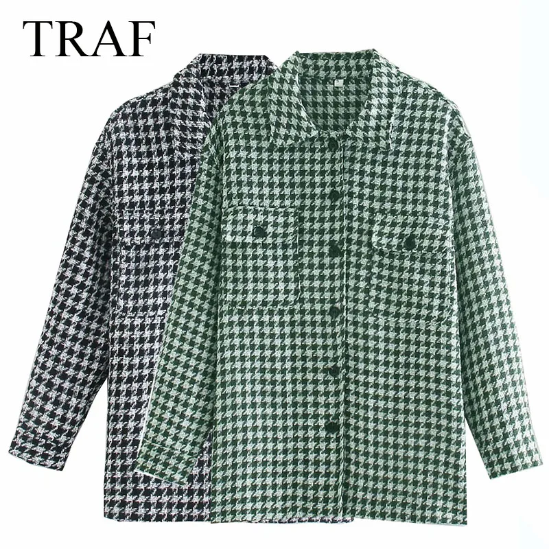 

TRAF ZA Women's Autumn Jacket Fashion Houndstooth Frayed Tweed Lady Jacket Commute Vintage Long Sleeve Pockets Female Outerwear