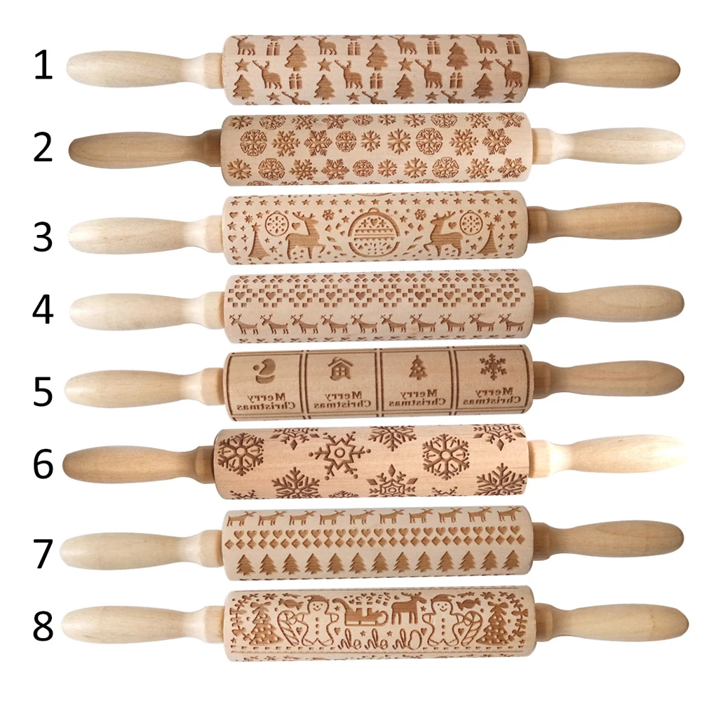 

Christmas Rolling Pin Wooden Christmas Engraved Carved Embossing Rolling Pin Dough Stick Baking Kitchen Pastry Tool