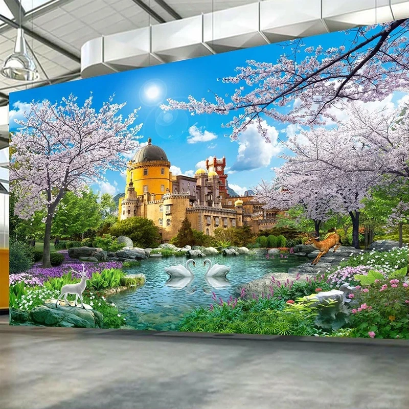 Custom Wall Mural Castle Cherry Blossom Tree Nature Landscape 3D Wall Painting Living Room Bedroom Photo Wallpaper Home Decor