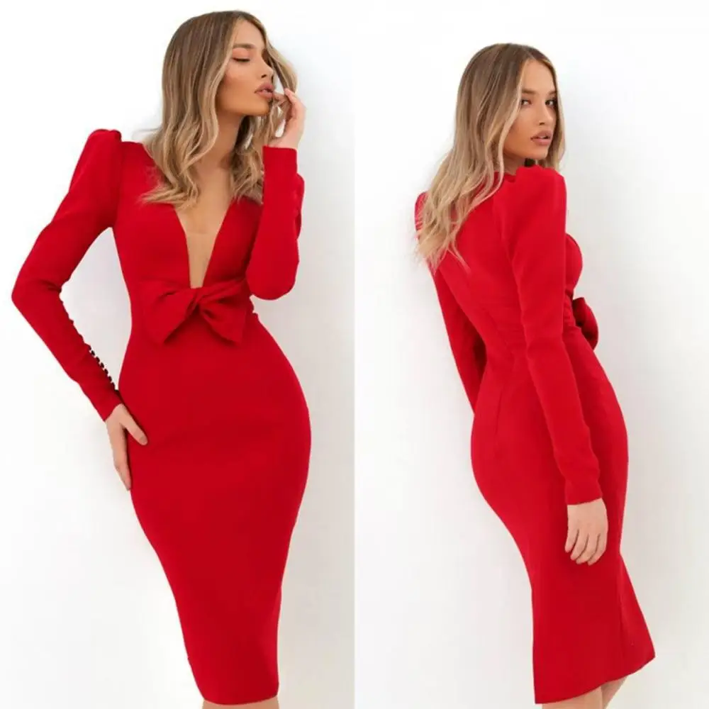 

Cheap New Red Mermaid Cocktail Party Dresses Deep V Neck Long Sleeve Satin Bow Knot Evening Gowns Knee Length Formal Dress