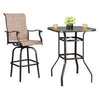 Patio High Bar Table Chair Set Wrought Iron Glass Teslin Cloth Brown Contains 1 Table 2 Chairs Outdoor Furniture[US-Stock]