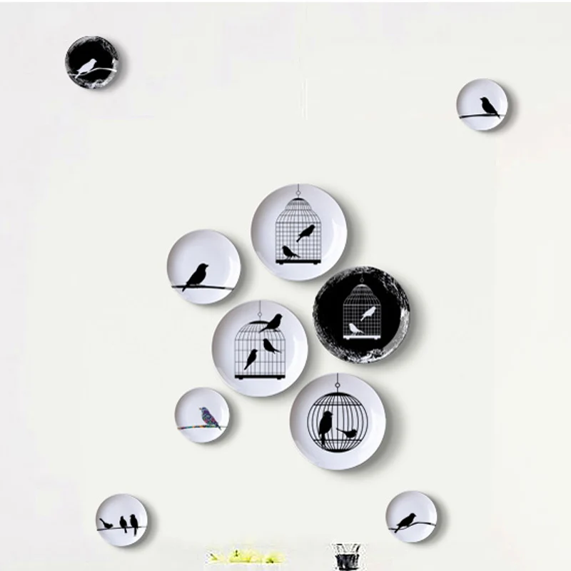 Black and white bird ceramic hanging plate wall decorative dish home decor crafts room decoration | Дом и сад