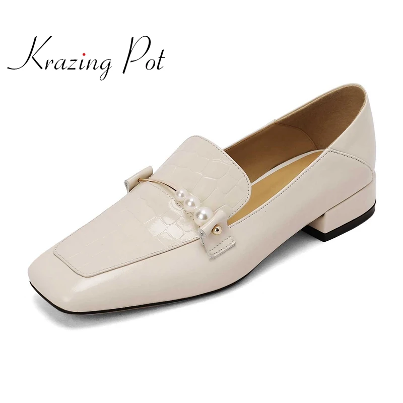 

Krazing Pot natural leather square toe med heel pearl decorations breathable cozy young lady streetwear slip on women pumps L12