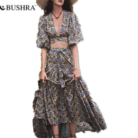 bushra 2022fall v neck new fashion australian niche design temperament sexy navel high waist print dress suit
