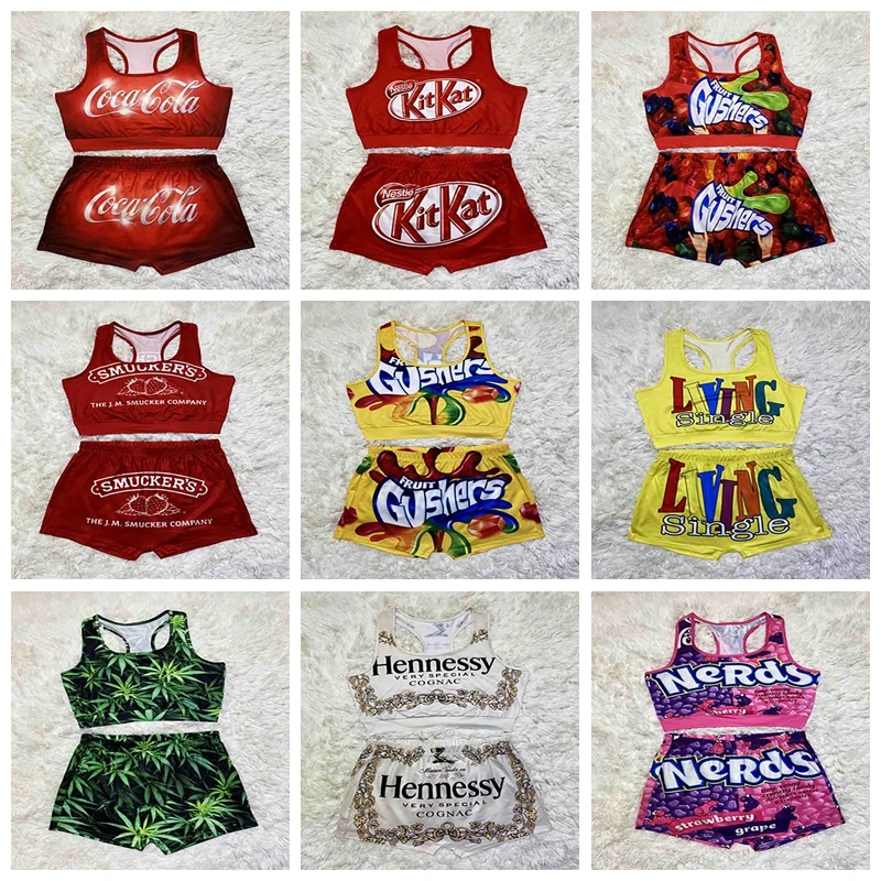 

Women's Candy Casual Sports Outfit Pattern Printed Suspender Trousers Two-Piece Lounge Wear Shorts Pants Set Women's Tracksuit