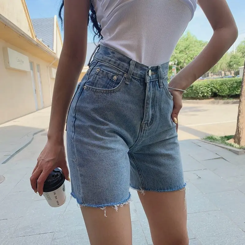 

FAKUNTN Female New Denim Shorts Star The Same Paragraph High Waist Five-point Simple Retro Pants Riding Pants Summer Jeans Women