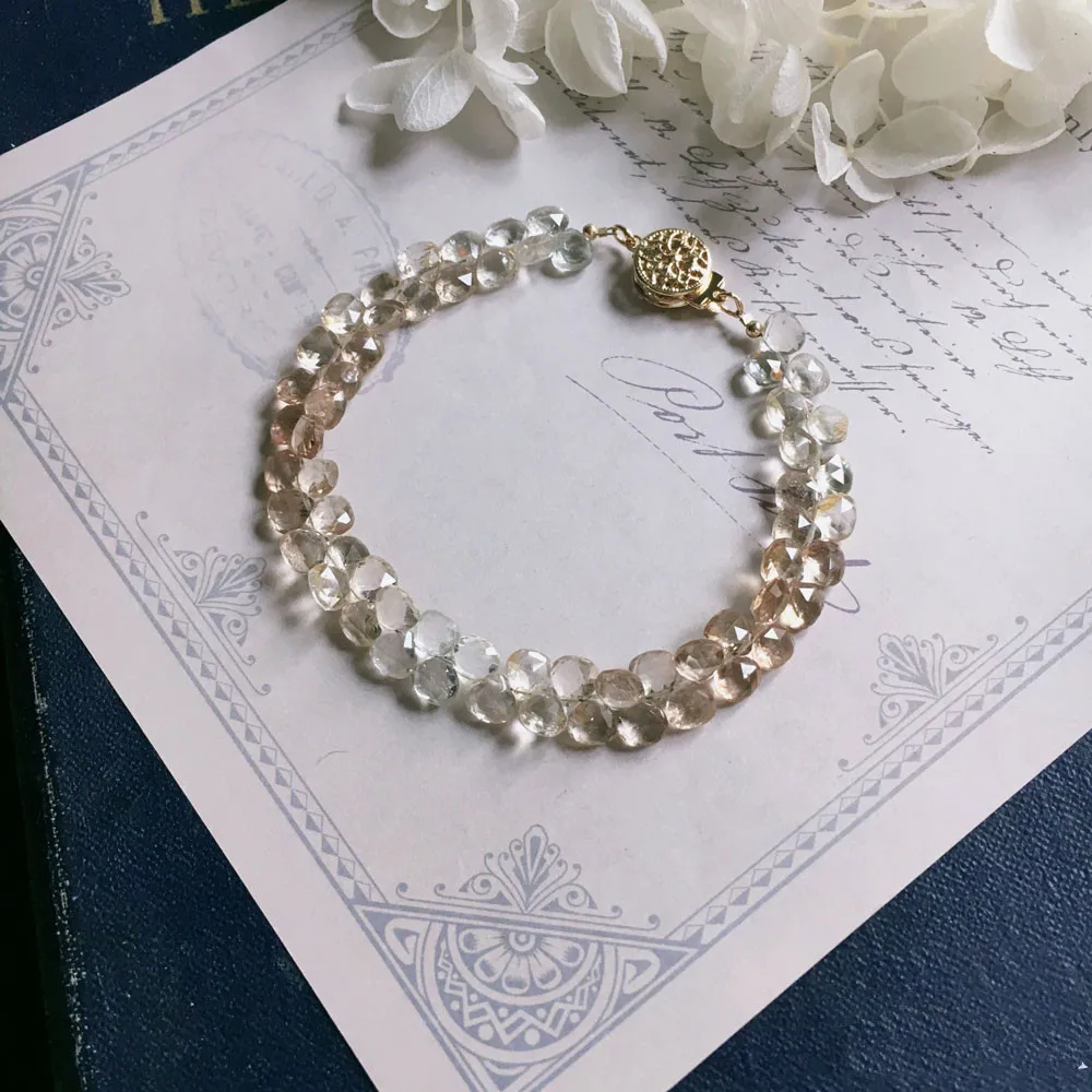 Браслет из натурального топаза 4 мм с граненым сердечком 17 см 14 к позолоченной