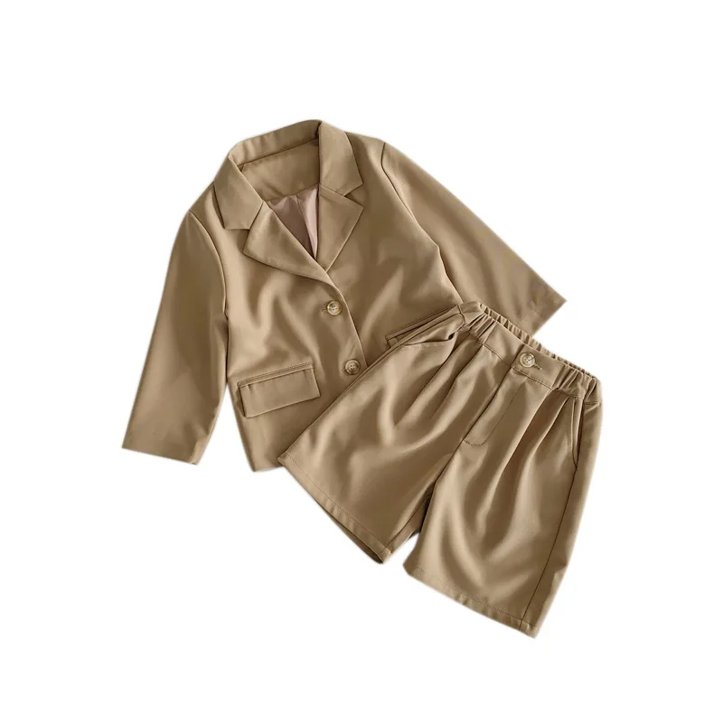 

2021 Spring New Children Clothes Baby Girls Solid Color Lapel Korean Fashion Coat and Pants Two Piece Sets