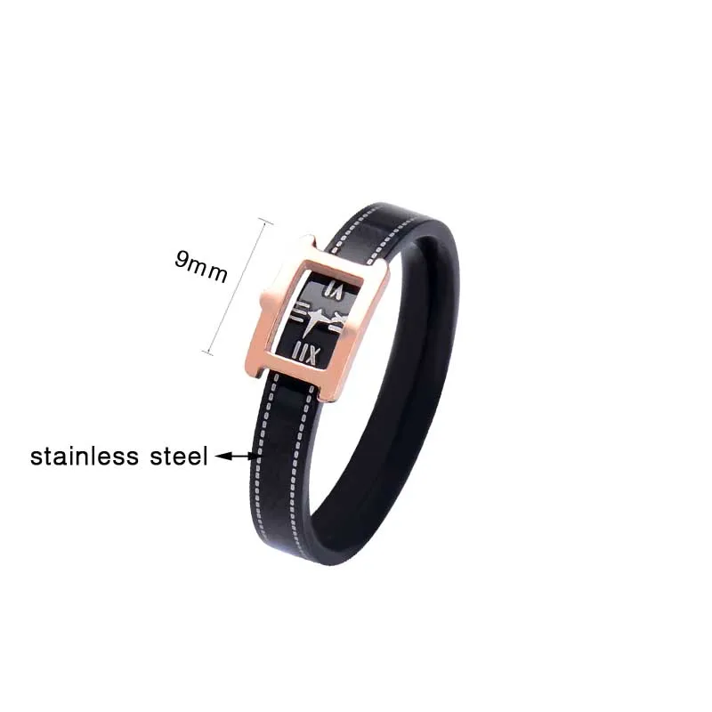 

SINLEERY Chic Watch Shape Stainless Steel Rings Rose Gold Color Black Strap Rectangle Rings For Women Fashion Jewelry JZ665 SSA