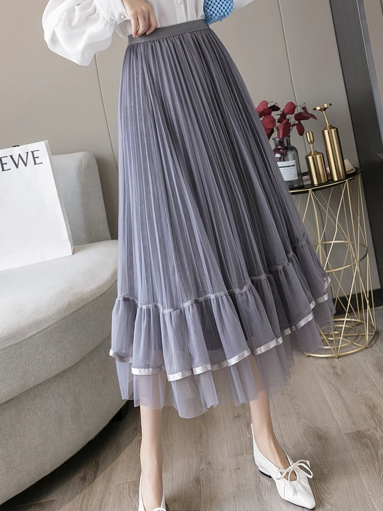 

Женская плиссированная юбка миди TIGENA, элегантная однотонная трапециевидная юбка из тюля и бархата с высокой талией в Корейском стиле на осе...