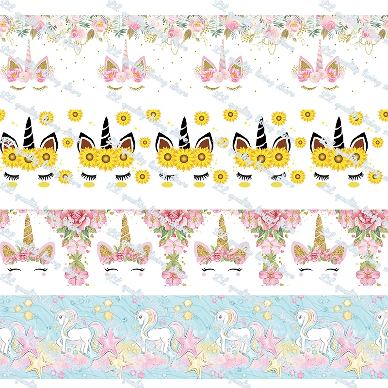 

16-75MM Cartoon Unicorn Printed Grosgrain Ribbon 50 Yards/Roll Tape Clothing Bakery Hairbow Gift wrapping Accessory Hairbow Head