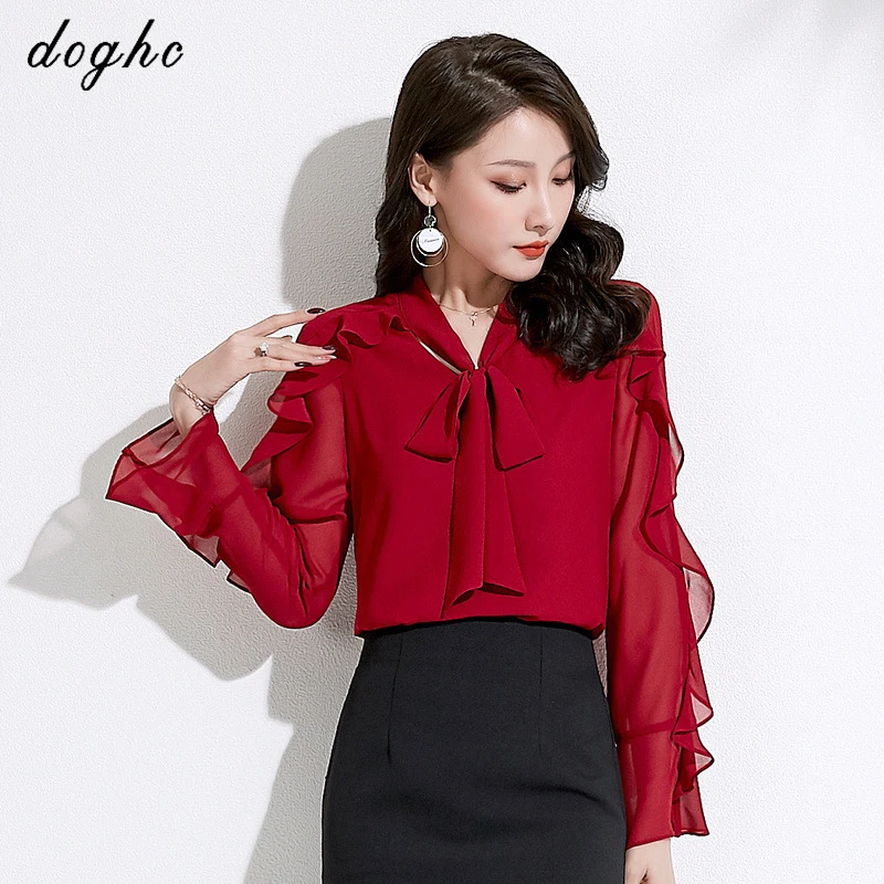 

DOGHC Minimalism 2022 New Light Luxury Blouse For Women Office Lady Vneck Splice Chiffon Tops Elegant Full Sleeve Female 90013