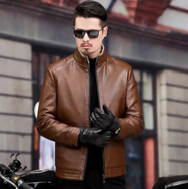 Straight mens leather jacket motorcycle coat men jackets business casual clothes jaqueta de couro fashion stand collar brown
