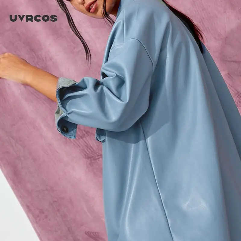 

UVRCOS Solid Turn Down Collar Coats Women Fashion Brown PU Leather Jackets Women Elegant Tie Belt Waist Coats Female