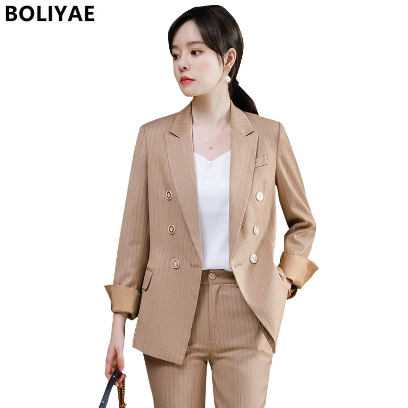 Women Jacket Blazer Suit Fashion Casual Ladies Two Piece Spring and Autumn Office Wear Elegant Stripe Plaid Suit Jacket Pants