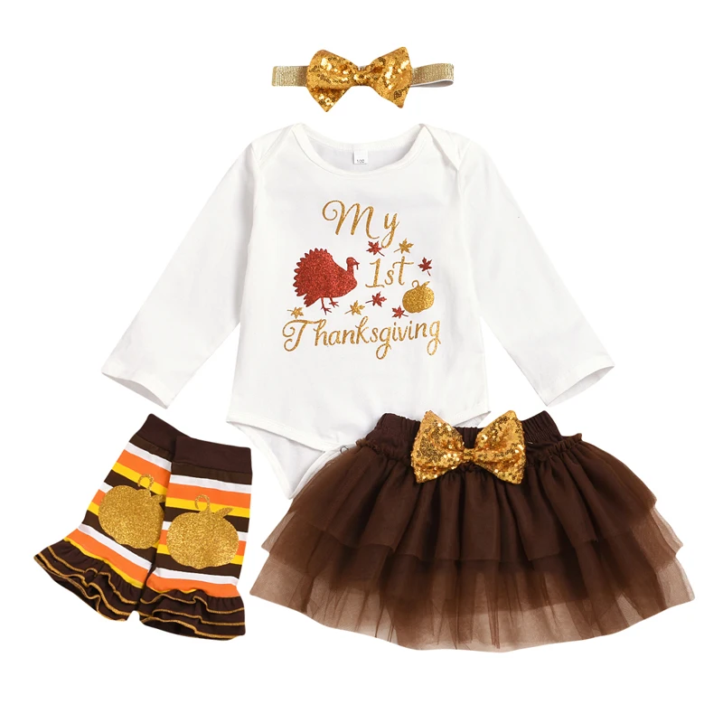 

Pudcoco 4 Piece Baby Bodysuit Skirt Leg Warmer Headband Suit Thanksgiving Letter Cartoon Printed Bow Ruffles Decorated Sets