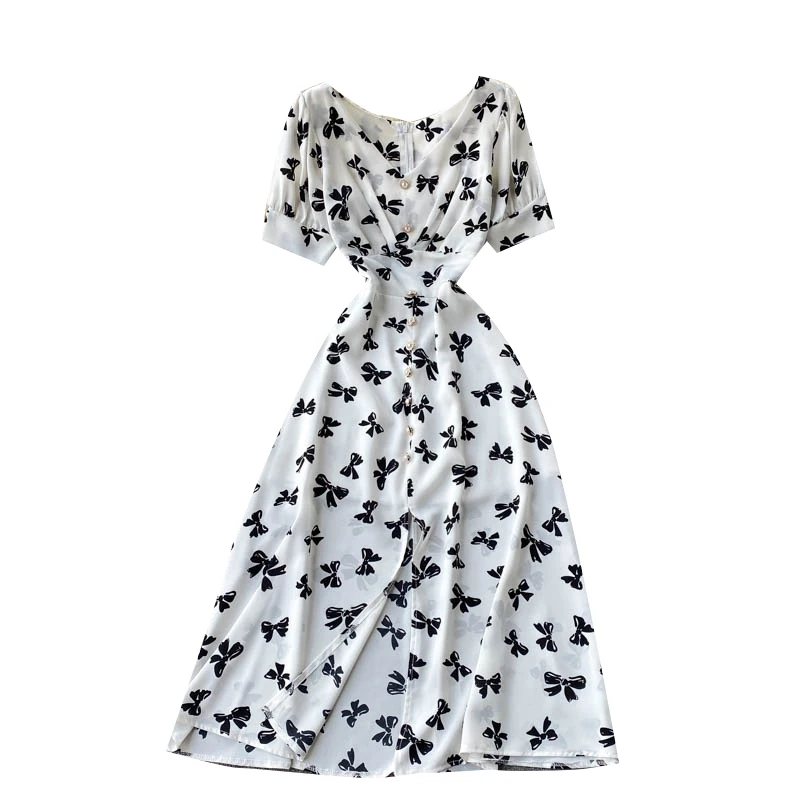 

2021 New Summer French Vestidos Female Sweet Bow Print Temperament V-neck Puff Sleeve Slim Chiffon Midi Dress DK329