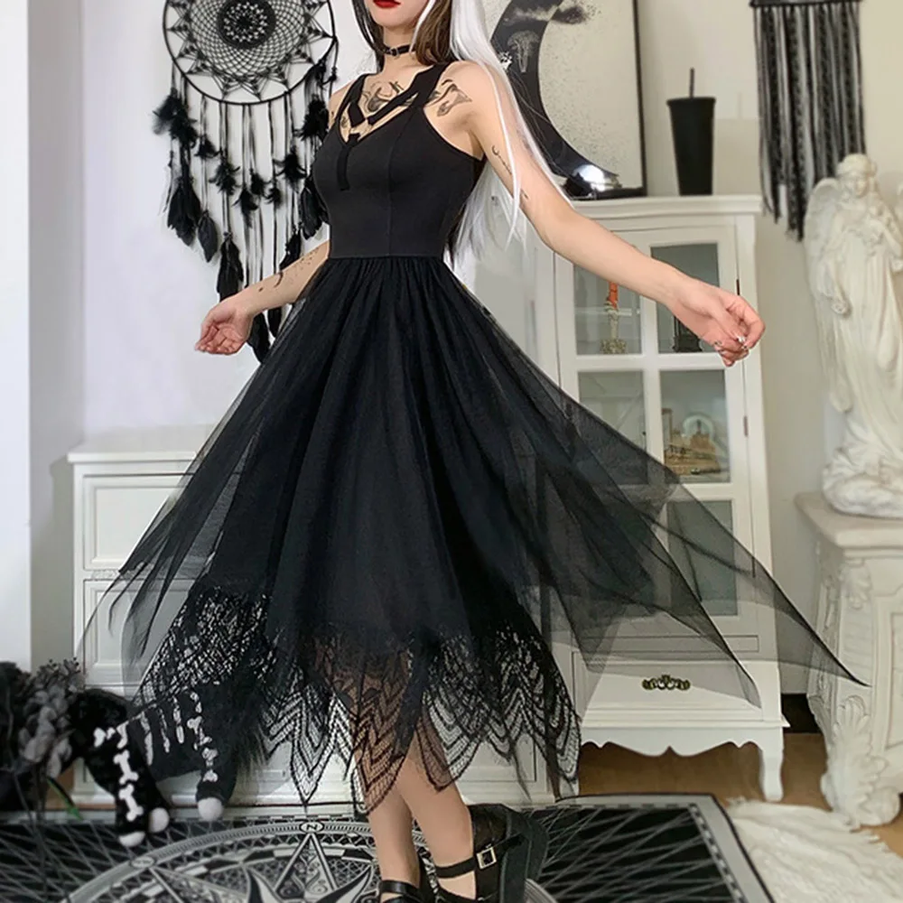 

Goth Dark Black Mesh Dresses Women Retro Vintage Punk Style Princess Asymmetrical Dress Summer Streetwear Girls Students Chic