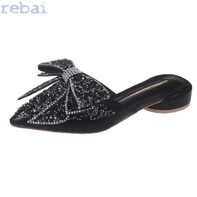 

Baotou half slippers women Wearing outside in summer 2021 new fashion Flat pointed rhinestone mules shoes Bow slippers