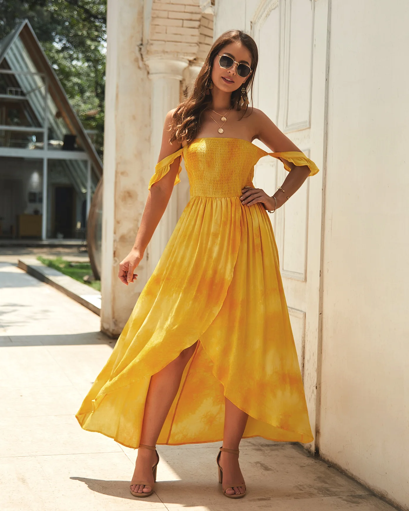 

Women's summer dress 2020 summer new off-shoulder printed mid-length skirt bohemian beach dress