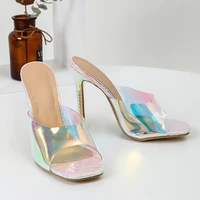 summer womens slippers thin high heels ladies plus size colorful square toe party sexy ladies fashion female 2021 weman new pvc