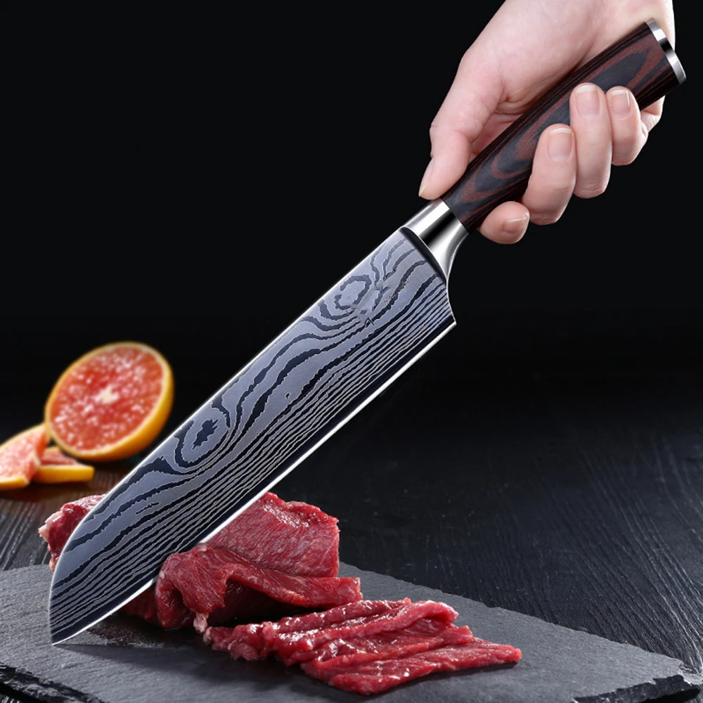 

Chef Knife kitchen Knives Cleaver Sharp Slicing Utility Knife Laser Damascus Pattern 5CR15 Stainless Steel Solid Wood Handle