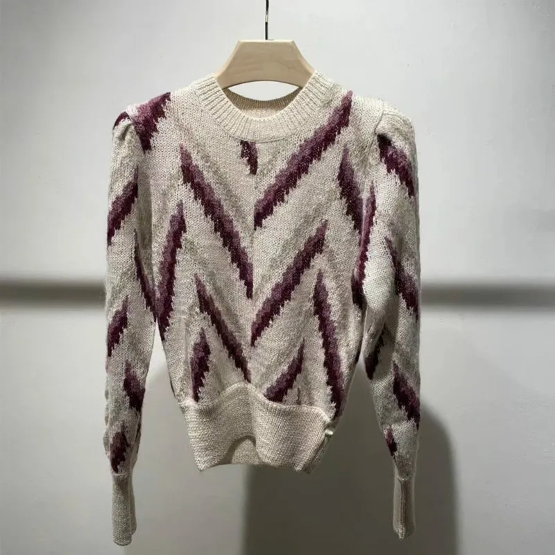 

New Style Autumn Winter Fashion Versatile V-shaped Geometric Pattern Crew Neck Pullover Sleeve Wool Women Knitting Sweater I1