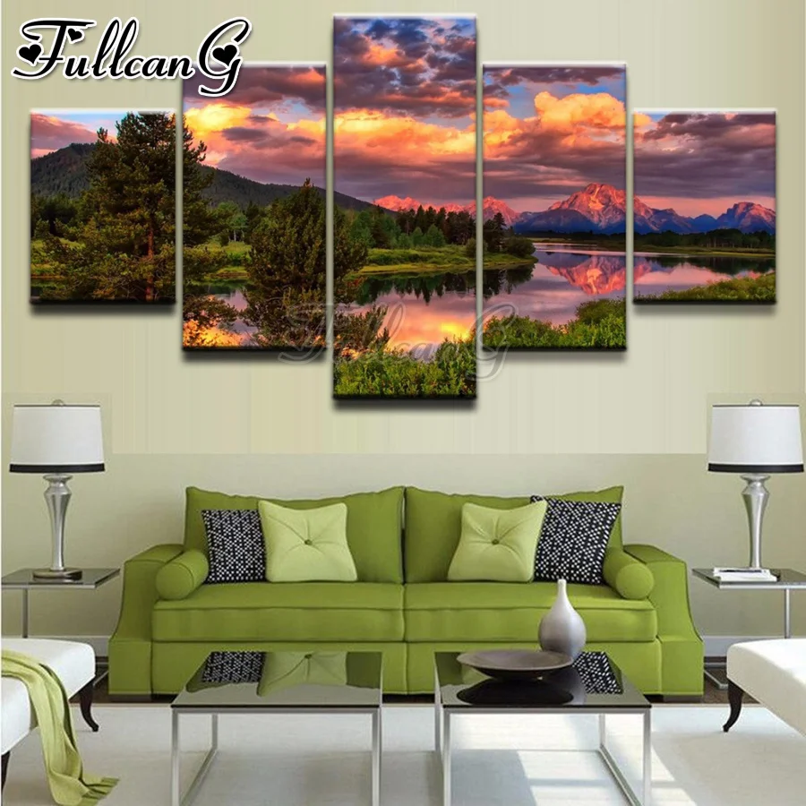

FULLCANG Spring natural scenery lake 5 piece diy diamond painting full square round drill mosaic embroidery sale decor FC3108