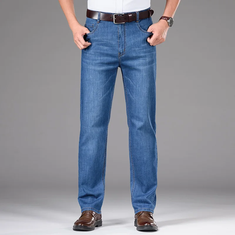 High Waistline Business Slim Jeans Fashion Casual Straight Cotton Elastic Big Size Brand Men Jean Men's Clothing Zipper | Мужская