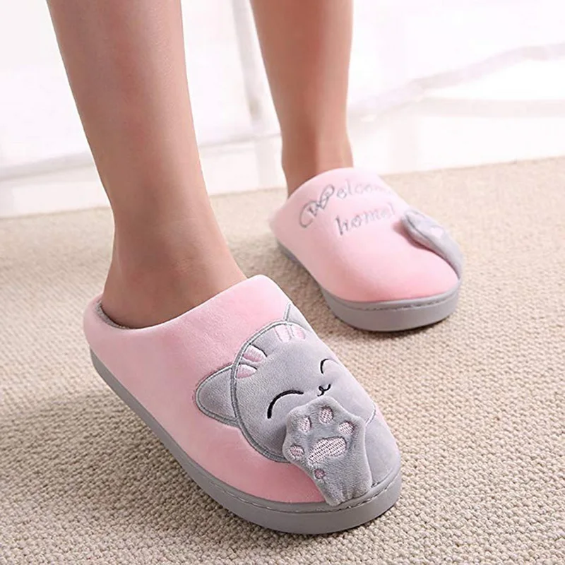 

PUIMENTIUA Women Winter Home Slippers Cartoon Cat Shoes Non-slip Soft Winter Warm House Slippers Indoor Bedroom Lovers Couples