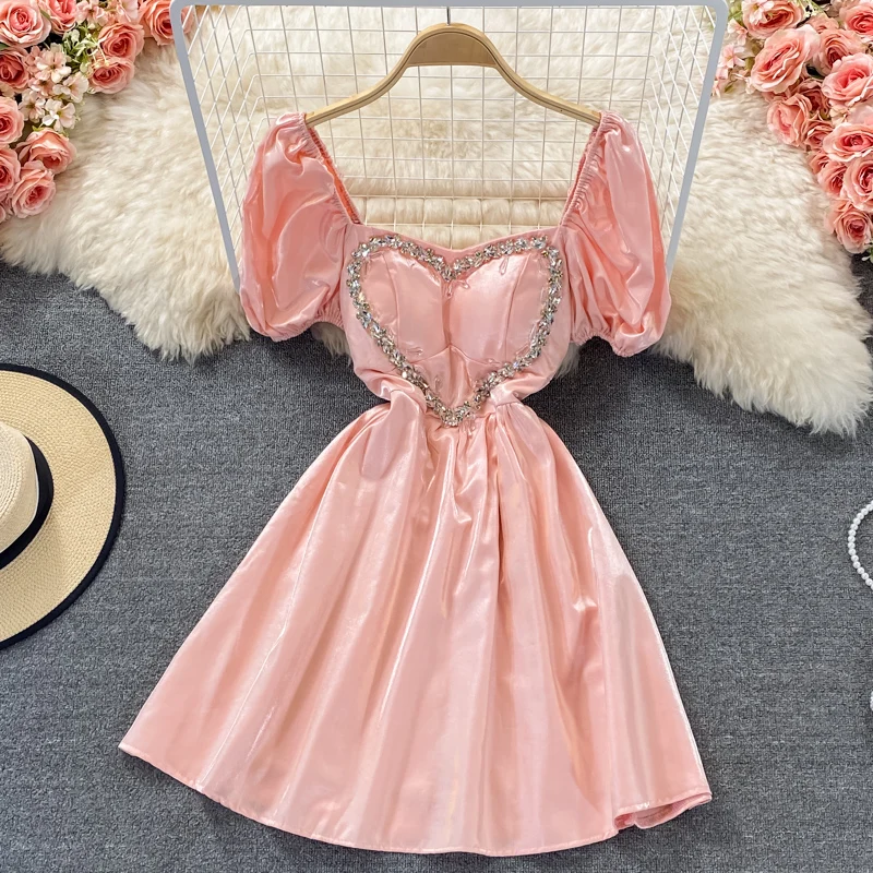 

Square Neck Puff Sleeve Rhinestone Love Dress 2021 Summer New Mid-length A-line Dresses