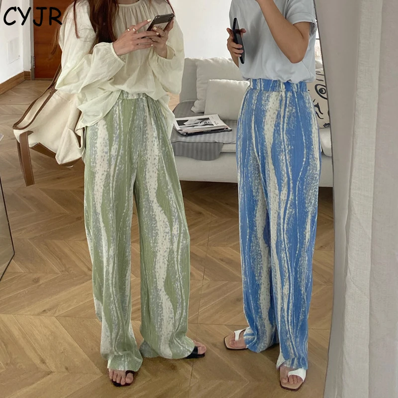 

CYJR визуализации складки тонкие повседневные широкие брюки прямые брюки сверкающие модные длинные брюки для девочек брюки с эластичным поя...