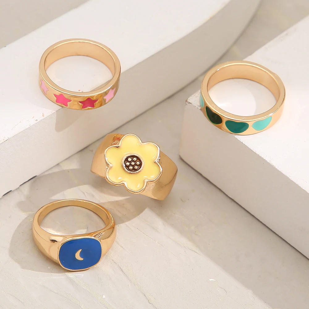 4 шт. простые кольца с цветами сердцем и звездами для женщин креативный дизайн