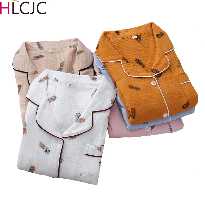 Креп хлопок марля пижамный комплект свежий ананас пижамы для женщин с длинным