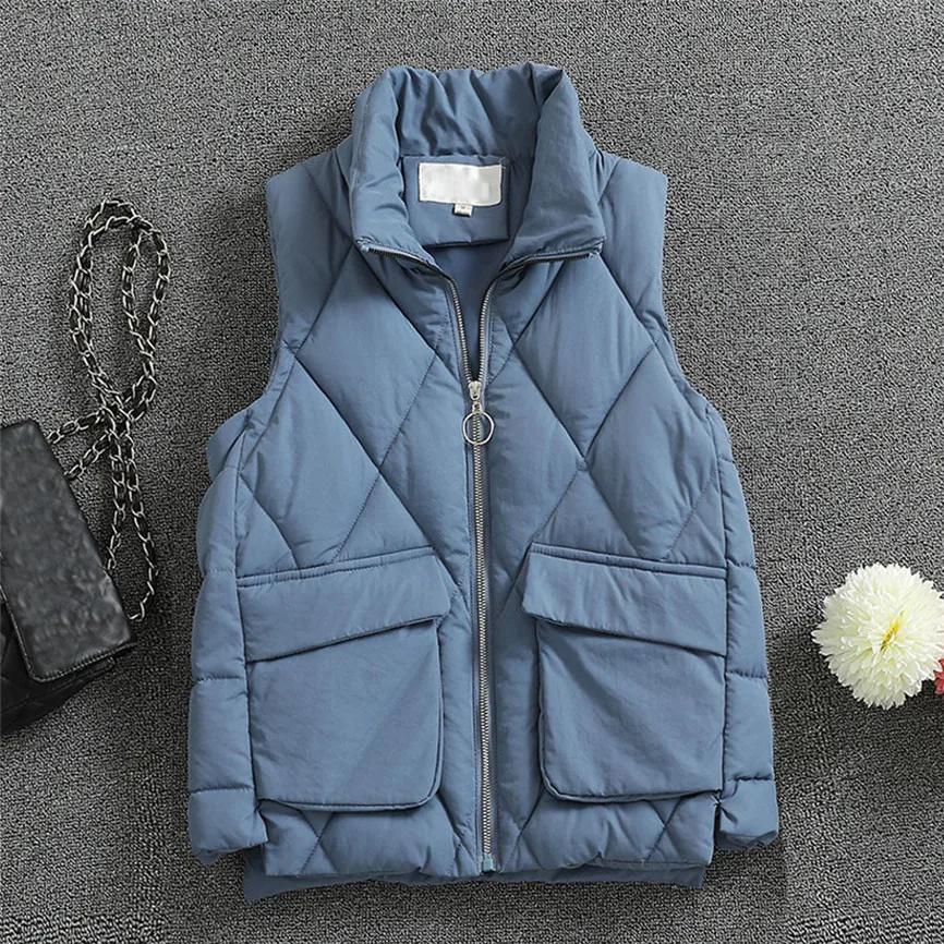 Женское осенне зимнее пальто без рукавов куртка с карманами жилет на молнии