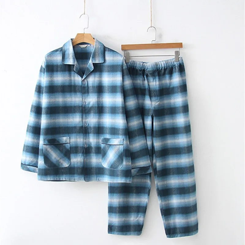 2019 Autumn Male pijamas Men Casual Plaid Pajamas sets Turn-down Collar shirt &amp pants 100% Thick Polish Cotton sleepwear suit | Мужская