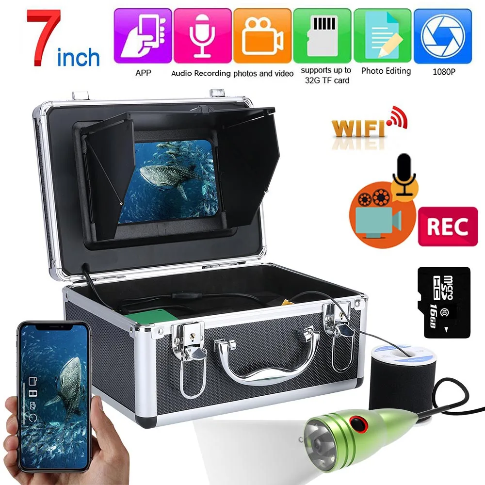 Fish Finder Underwater Fishing 1080P Camera Kit 7 Inch WIFI Wireless 16GB Video Recording DVR +15M 20M 6W white LEDs | Безопасность и