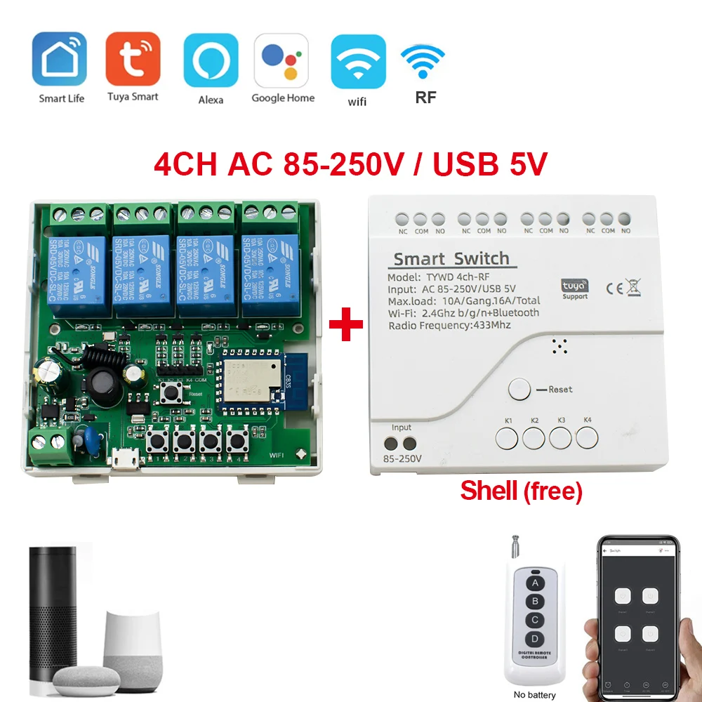 Smart Wifi Switch 4CH RF Receiver 220V 85-250V 7-32V Relay Module Tuya Smart Life APP Wireless Control Garage Door Opener Alexa