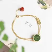 

Still Chang'an. Natural Hetian Jade Green Jade Bracelet S925 Sterling Silver Gilding Five Emperors Coin Pendant Double-Layer Bra